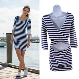 Billabong Crisscross Open Back Mini Dress Sz M Blue White Striped Stretch Knit